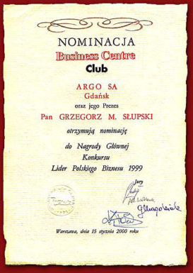 Nomination for the main award of the Leader of Polish Business 1999